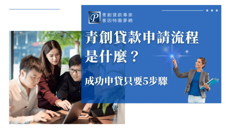 這張圖片以企業藍與白為主色調，右側文案為「青創貸款申請流程是什麼？成功申貸只要5步驟」，強調申辦流程的簡便性。右側搭配一位自信的女性形象，手指點亮藍光象徵目標與方向。左側為三位年輕創業者專注討論筆電畫面，展現合作與實作氛圍。整體畫面傳達出「簡單五步驟完成青創貸款申請」的明確訴求。