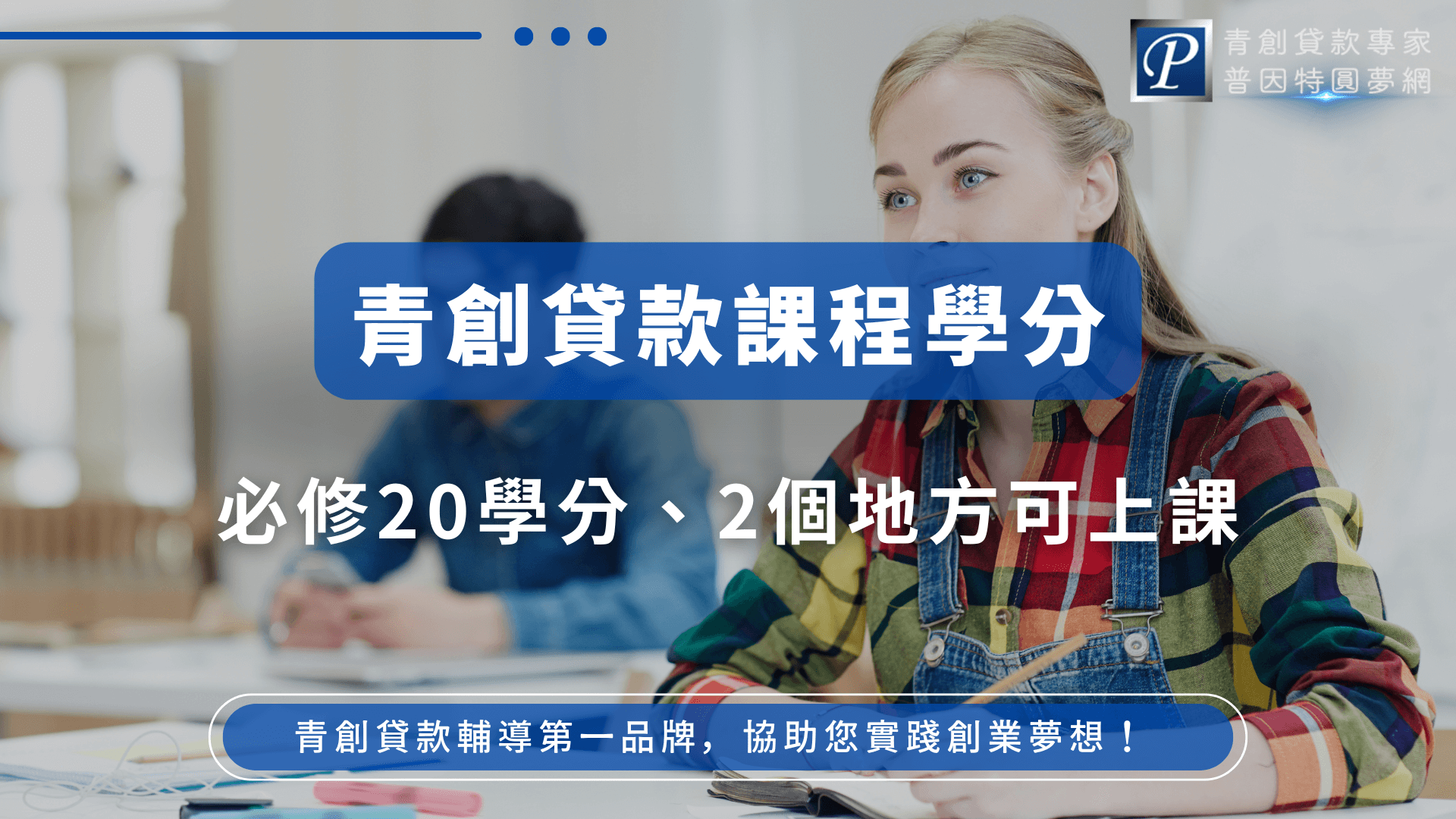 畫面中一位穿著格子襯衫與吊帶褲的年輕女性，專注聆聽課程內容，背景為教室環境。圖中文字標示「必修20學分、2個地方可上課」，清楚傳達青創貸款申請時所需完成的課程學分要求及可上課地點的彈性。整體風格專業親切，強調準備階段的重要性。