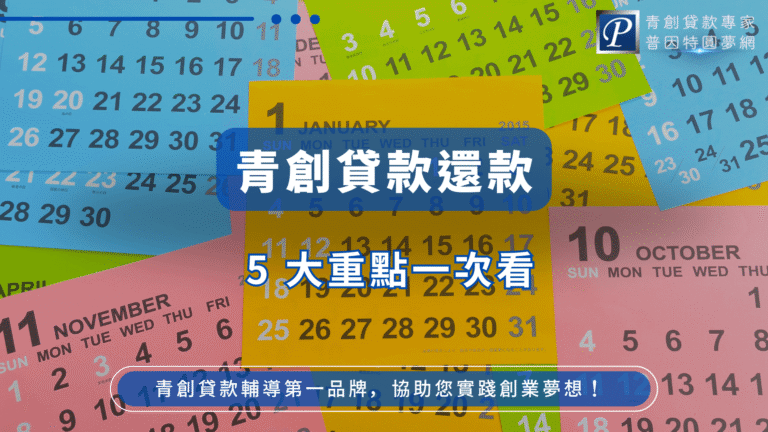 圖片背景為多張色彩繽紛的月份日曆，象徵還款期數與時間規劃的重要性。畫面正中央以藍底白字標出「青創貸款還款」，下方搭配「5大重點一次看」的醒目字樣，傳遞一次掌握還款注意事項的主題焦點，整體風格專業且具行動呼籲力。