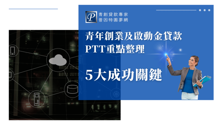 畫面左側為黑色資料中心與雲端連線圖示，右側為藍底、微笑職場女性指向重點標題，標題區以白字呈現「青年創業及啟動金貸款PTT重點整理」與「5大成功關鍵」。右上角有普因特圓夢網品牌標誌。整體風格現代、專業，主題聚焦於青年創業貸款經驗、PTT精華與實戰訣竅，適合用於相關文章或懶人包封面。