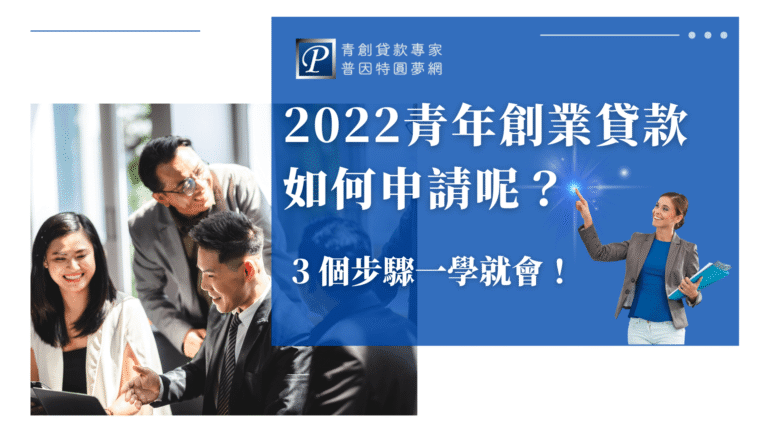 這張圖片以藍白色調營造清晰專業氛圍,右側文案為「2022青年創業貸款如何申請呢?3個步驟一學就會!」,搭配品牌LOGO「普因特圓夢網」,並加入一位女性講師形象,象徵指導與引導。左側為一組創業團隊專注討論的畫面,展現積極合作的氣氛。整體畫面表達出「輕鬆學會貸款申請」的核心主題,適合用於青創貸款教學或懶人包封面圖。