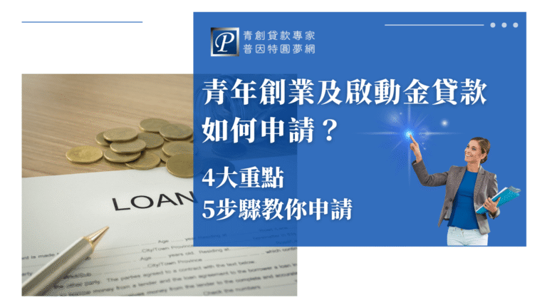 這張圖片以藍白色為主視覺,左側為一疊金幣與貸款(LOAN)申請表,右側為年輕女性西裝族群,手指亮點代表指引方向,強調教學與專業。主標題為「青年創業及啟動金貸款如何申請?」副標題以「4大重點、5步驟教你申請」呈現,LOGO為「普因特青創貸款專家」。設計簡潔且資訊明確,適合青年創業貸款、啟動金貸款申請教學相關文章封面。