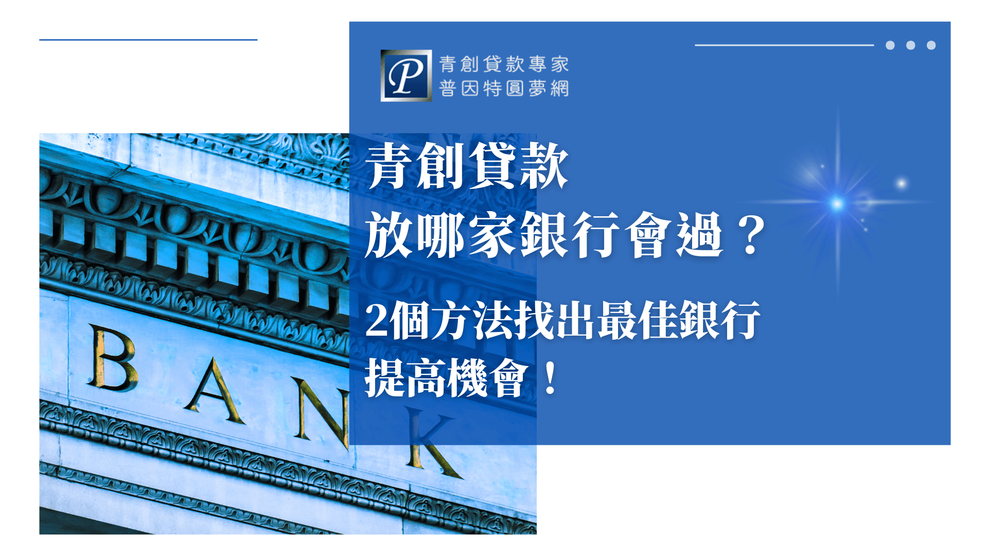 圖片左側顯示一棟銀行建築外牆與大寫「BANK」字樣，象徵金融機構的權威感。右側文字強調「2個方法找出最佳銀行，提高機會！」，適用於解說青創貸款通過率、銀行推薦與配對技巧等主題，視覺呈現專業與信任感。