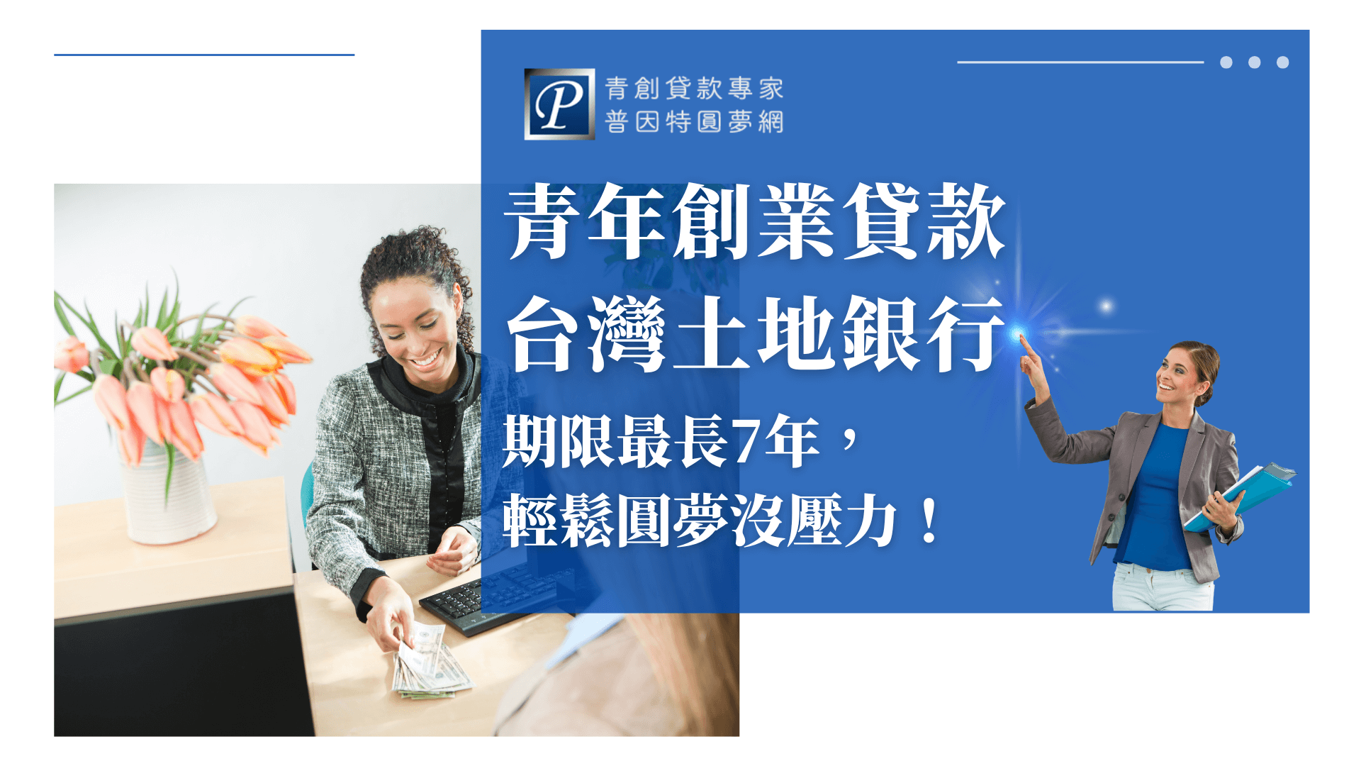圖片左側為一位微笑的年輕女性坐在辦公桌旁，手上數著鈔票，展現輕鬆且充滿希望的創業氛圍，桌上有筆電與花卉點綴辦公情境。右側以藍色區塊搭配普因特圓夢網LOGO，醒目標示「青年創業貸款台灣土地銀行｜期限最長7年，輕鬆圓夢沒壓力！」，下方襯托一位自信的女性，手持資料，象徵專業指導。此圖適用於青年創業貸款、台灣土地銀行方案介紹、銀行貸款懶人包或SEO行銷文章封面。