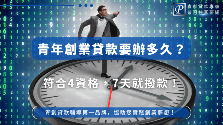 圖中一名男子正站在巨型時鐘上，象徵時間壓力與效率，背景為數字流動的視覺特效，暗示系統化與資料審核速度。圖片主打訴求為「申請迅速」，強調只要符合4項資格，最快7天內就能完成貸款流程，適合需要掌握撥款時程的創業者參考使用。