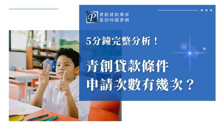 圖片右側以藍色背景呈現文案「5分鐘完整分析!青創貸款條件申請次數有幾次?」,並搭配品牌LOGO「青創貸款專家 普因特圓夢網」,凸顯專業形象與分析重點。左側為一名小學生坐在教室中,手比數字「七」,象徵計數與次數,強化主題「申請幾次」的視覺意涵。整體風格親切活潑,適合用於青創貸款申請說明或條件解釋相關文章封面。