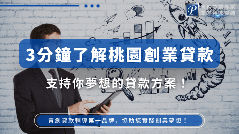 圖片主視覺為一位穿西裝的男子操作平板，背景為白色磚牆與黑色手繪創業圖示（火箭、圖表、城市、紙飛機等），象徵創業起飛與規劃藍圖。藍底文字清楚標示「3分鐘了解桃園創業貸款」，副標「支持你夢想的貸款方案！」簡潔有力，整體風格現代專業。
