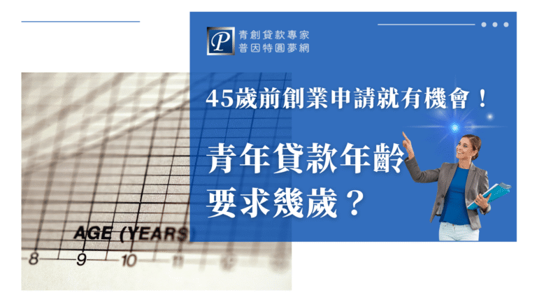 圖片以藍色背景搭配普因特圓夢網的品牌標誌，右側是一位手持資料夾、微笑指引的女性形象，象徵專業與指導。左側背景為年齡數據圖表，呼應年齡資格的主題。文字標題寫著「45歲前創業申請就有機會！青年貸款年齡要求幾歲？」點出重點，強調年齡限制與申請條件的資訊。整體設計專業又清晰，適合用於青創貸款條件相關文章封面。