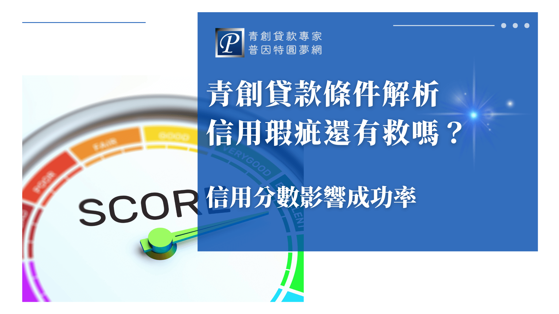 圖片以藍色為主視覺，左側呈現信用分數表，指針指向高分區域，象徵信用狀況。右側文字強調「青創貸款條件解析，信用瑕疵還有救嗎？」並點出信用分數會影響貸款申請成功率。整體畫面結合專業與指引風格，突顯普因特圓夢網對青創貸款條件的解析與協助。