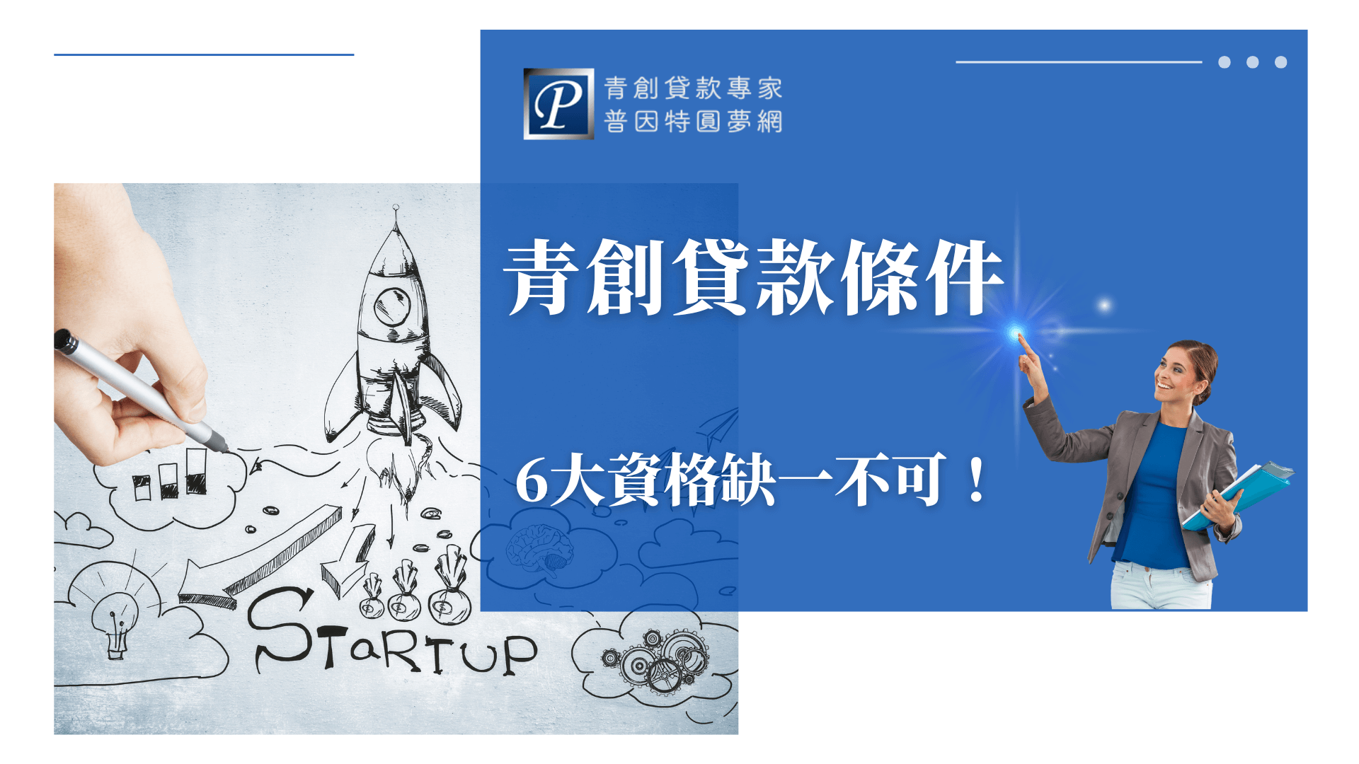 圖片以藍色為主色調，左側以手繪風格呈現火箭升空與創業概念圖，象徵創業啟航；右側是一位職場女性手持資料夾、指向光點，展現自信與指導意象。中央文字「青創貸款條件」與「6大資格缺一不可！」強調申請門檻與專業輔導重點，整體設計清晰專業，適合用於青年創業貸款條件介紹或普因特圓夢網的宣傳封面。