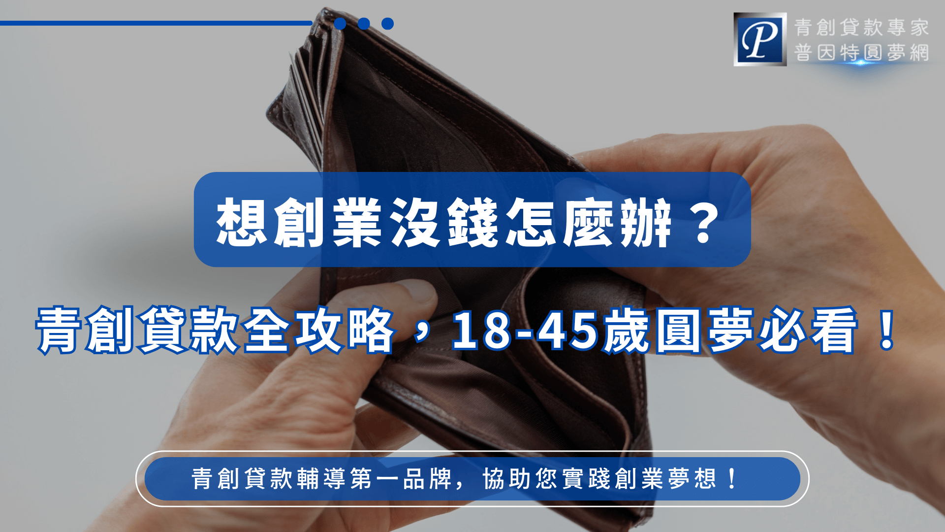 這張圖片呈現一雙手攤開空錢包的畫面，象徵創業者面臨缺乏資金的處境。中央以醒目的藍色框標示「想創業沒錢怎麼辦？」強化視覺焦點，下方文字點出主題：「青創貸款全攻略，18-45歲圓夢必看！」，明確傳達受眾與內容方向。右上角加入普因特圓夢網品牌標誌，展現專業可信度；底部強調其協助創業者完成夢想的角色。整體版面設計清晰，適合作為青創貸款文章封面、社群貼文或廣告素材使用。