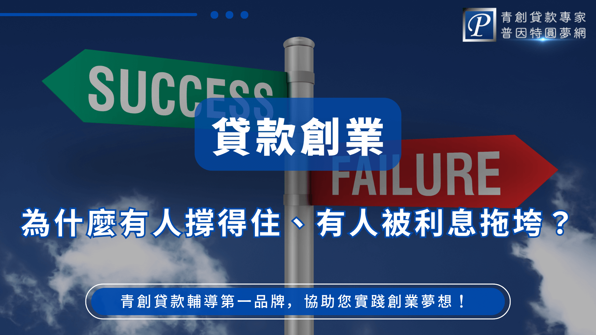 這張圖片以「SUCCESS」與「FAILURE」兩個方向指標作為主視覺,象徵創業者面臨的不同結果。中央以深藍色透明方塊凸顯主題文字「貸款創業」,創造穩定且專業的感受。畫面下方加入「為什麼有人撐得住、有人被利息拖垮?」這句具吸引力的提問,引導讀者思考貸款策略的重要性。底部的 CTA 區塊強調普因特作為青創貸款輔導品牌的角色,傳達協助實現創業夢想的定位。整體風格鮮明、專業,適合用於青創貸款文章封面或宣傳素材。