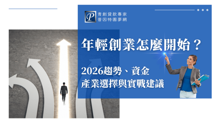 圖片右側以藍色背景呈現主標「年輕創業怎麼開始？」並搭配副標「2026趨勢、資金、產業選擇與實戰建議」，整體風格專業且具指引感。一位手持資料夾的年輕女性正在指向亮點，象徵啟發與方向感。左側則是身處多條道路中、朝著最亮方向前進的男子背影，寓意創業抉擇與走向成長之路。整體構圖強調「創業方向」、「資源導引」與「決策關鍵」，適合作為青創貸款、創業趨勢與創業教學文章的封面視覺。
