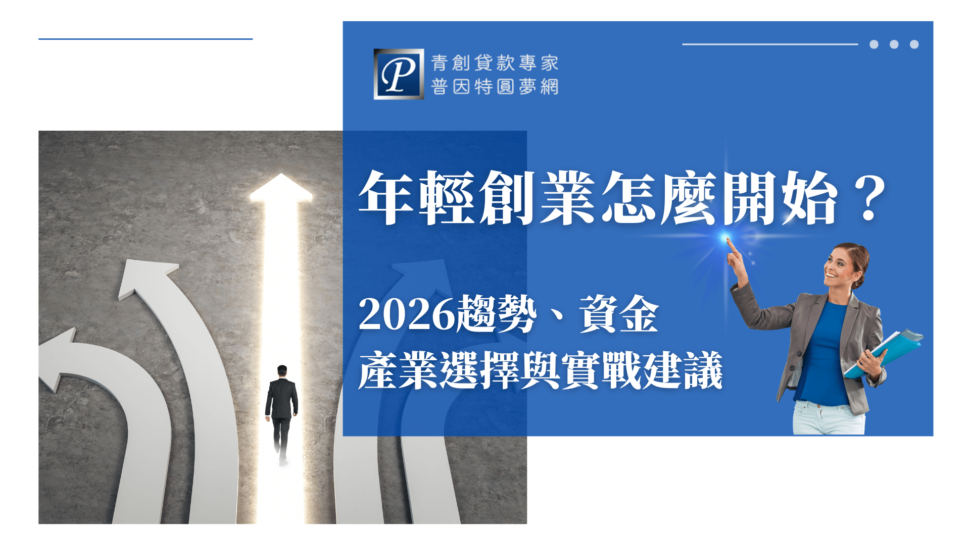 圖片右側以藍色背景呈現主標「年輕創業怎麼開始？」並搭配副標「2026趨勢、資金、產業選擇與實戰建議」，整體風格專業且具指引感。一位手持資料夾的年輕女性正在指向亮點，象徵啟發與方向感。左側則是身處多條道路中、朝著最亮方向前進的男子背影，寓意創業抉擇與走向成長之路。整體構圖強調「創業方向」、「資源導引」與「決策關鍵」，適合作為青創貸款、創業趨勢與創業教學文章的封面視覺。